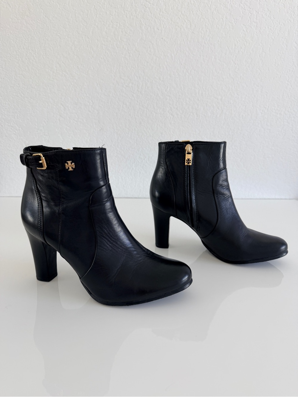 Tory Burch Black Leather Ankle Booties with Gold Hardware